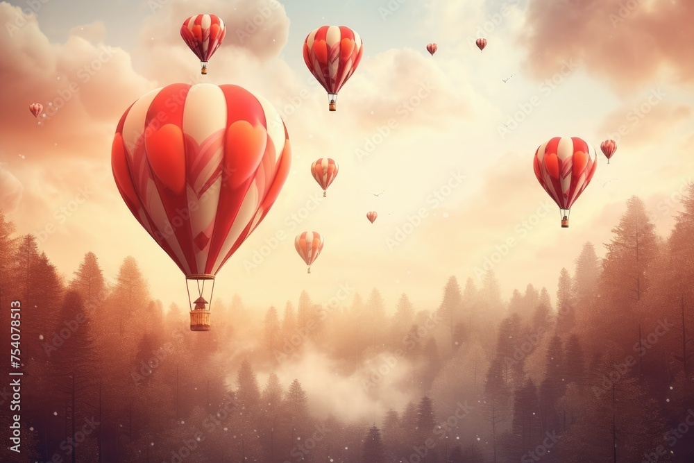 Fototapeta premium A group of hot air balloons floating in the air over a forest, Vintage style 3D illustration of Valentine's day background, Ai generated