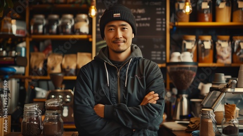 A small business owner expertly operates his coffee shop