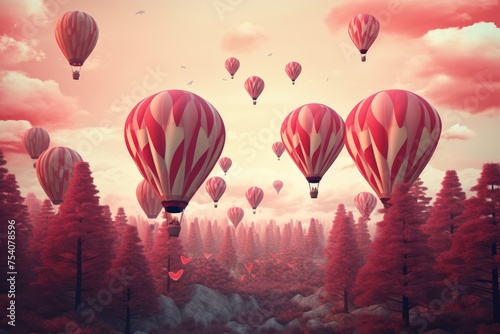 A group of hot air balloons floating in the air over a forest, Vintage style 3D illustration of Valentine's day background, Ai generated