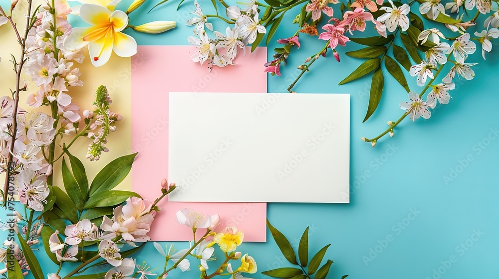 Greeting card trendy mockup or invitation template with empty blu sheet decorated fresh flowers top view and flat lay.,generative ai, 