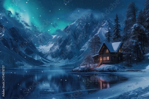 The serene beauty of a winter night  with a quaint house by a lake  the Northern Lights illuminating the sky  and towering mountains covered in snow. 8k