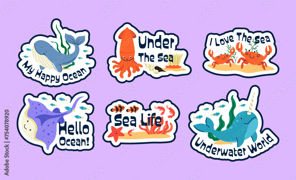 Sticker design set with underwater world concept