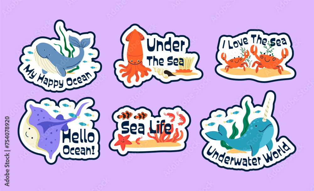 Fototapeta premium Sticker design set with underwater world concept