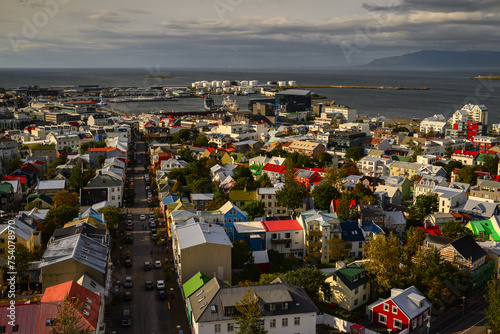 A summer afternoon view of downtown Reykjavík as seen from the top of the Hallgrímskirkja church tower, Iceland. photo