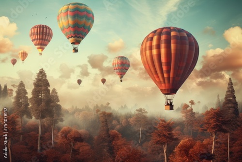 Colorful hot air balloons fly over the trees, Vintage style 3D illustration of Valentine's day background, Ai generated