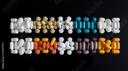 Neat arrangement of medicine tablets.