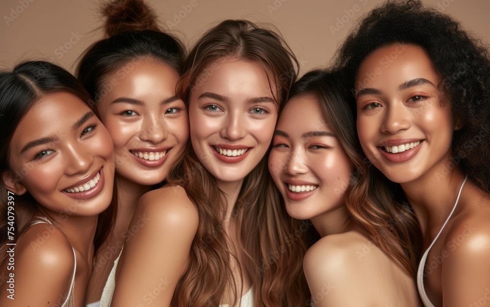 Face portrait, beauty and group of women in studio on light brown background. Natural cosmetics, skincare and diversity of happy female models, friends or girls. Face portrait, beauty and group of women in studio on light brown background. Natural cosmetics, skincare and diversity of happy female models, friends or girls.