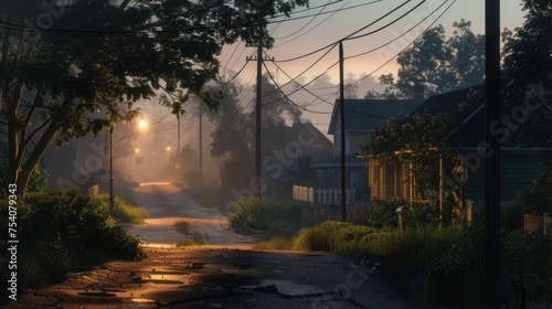 The quiet streets of a sleeping town at dawn, with trails of fog enveloping the houses and streetlights, as the first rays of the sun cast a soft glow over the scene. 8k photo
