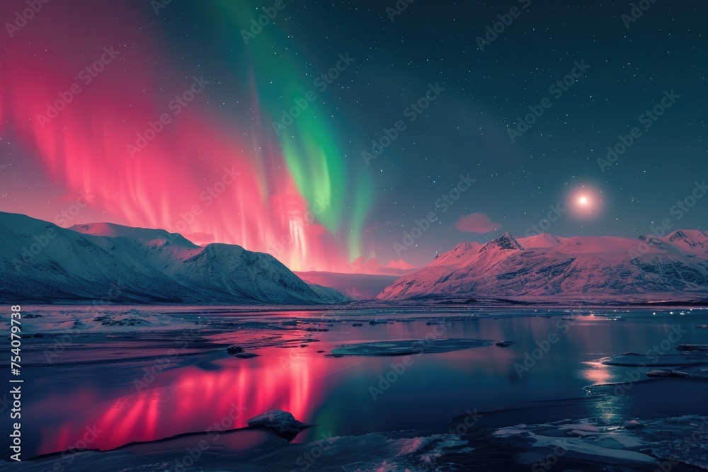 The Northern Lights in brilliant hues of pink and green, reflecting off the snow-covered mountains under a full moon. 8k
