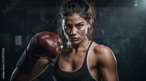 Close-up of a young brunette Female boxer strikes a direct blow with a glove during an exercise in the boxing ring. Sports, Training, Healthy lifestyle, Competitions, Championships, Strength concepts.