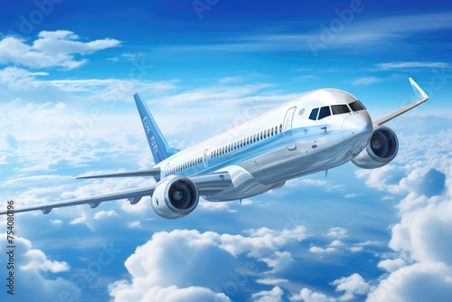 Airplane flying on clouds in blue sky high detailed image, Airplane in blue sky, Airplane flying on clouds in blue sky high detailed image, Ai generated
