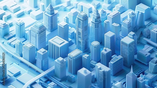 3D model of an urban blue cityscape with intricate details.