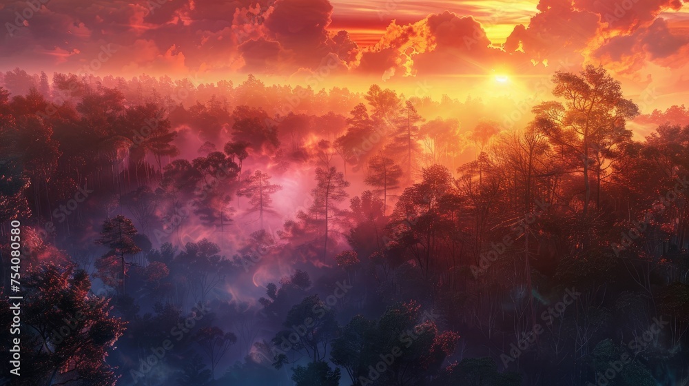 The first light of dawn illuminating a forest, with thin trails of fog weaving through the trees, creating a mystical atmosphere as the sun rises in the background. 8k