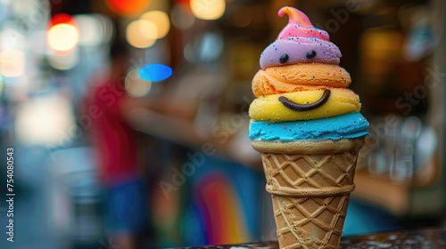 Colorful smiling ice cream cone with bokeh lights in the background.