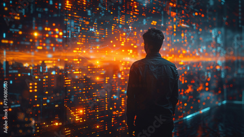 Unrecognizable businessman in office using immersive digital security interface. Concept of data protection in business. Toned image double exposure High detailed and high resolution