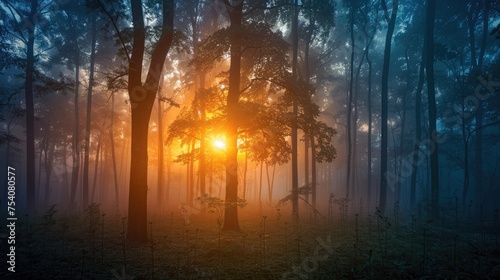 The first light of dawn illuminating a forest, with thin trails of fog weaving through the trees