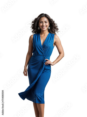 A woman in a blue dress stands with her hands on her hips, smiling at the camera.