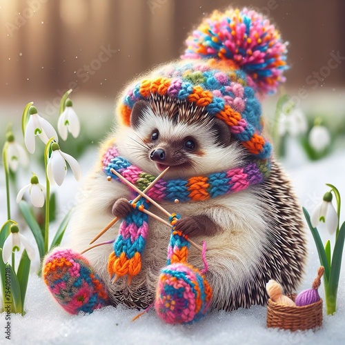 Cheerful fat mother hedgehog in the winter forest, among snowdrops, wearing a beautiful winter knitted hat with a fluffy pompom, scarf and woolen socks, crocheted from colored wool