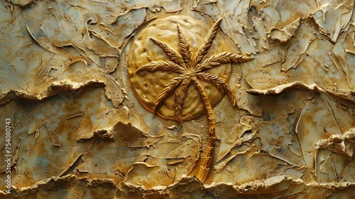 Artistic palm tree sculpture on a textured golden surface.
