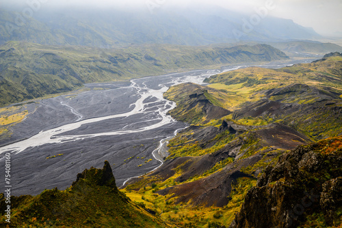 Dramatic view of the braided, glacial Krossá river from the summit of Mount Valahnúkur, Thorsmork National Park, Iceland.