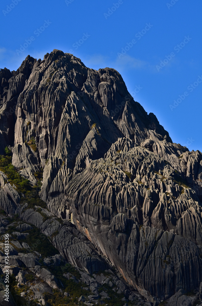 Close-up of the Agulhas Negras, or Black Needles peak (2.791m), one of the highest in Brazil, on the boulder-filled high plateau of Itatiaia National Park, Itatiaia, Rio de Janeiro, Brazil.