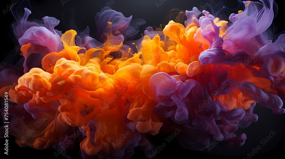 A clash of amethyst and fiery orange liquids colliding with dynamic force, resulting in a breathtaking abstract scene