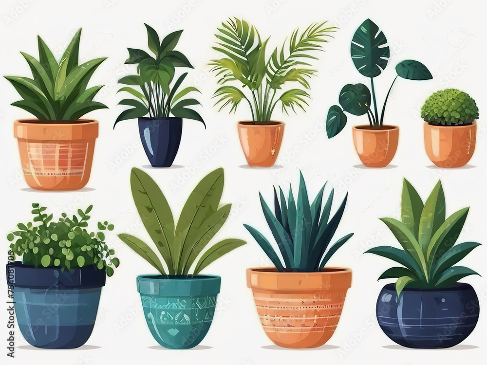 Set of house plants in pots. Vector illustration in flat style.