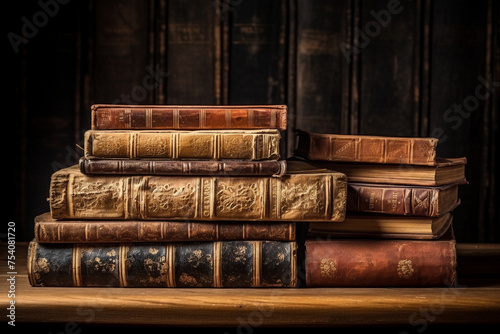 A Old ancient books, historical books, Collection of human knowledge concept, Wide format