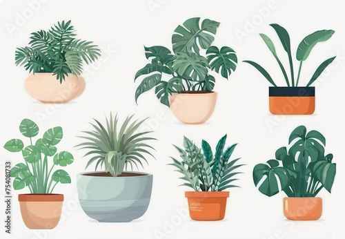 House plants in pots on a white background. Vector illustration in flat style.