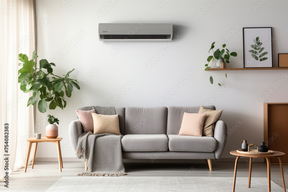 Air conditioner on white wall in modern room with stylish grey sofa