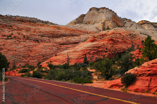 The spectacular Utah Scenic Byway 9 from Springdale to Mt. Carmel Junction cutting through the sandstone wonderland around Checkerboard Mesa, Zion National Park, Utah, Southwest USA. photo