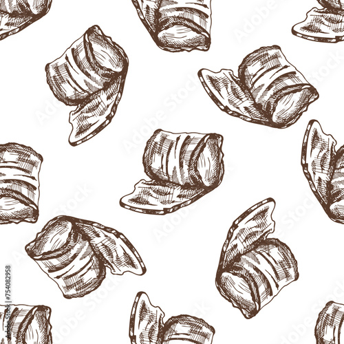 Hand-drawn vector seamless pattern of bacon in engraved vintage style. Hand-drawn monochrome pattern of hamon or pork meat, ham slice. Italian prosciutto vintage sketch..