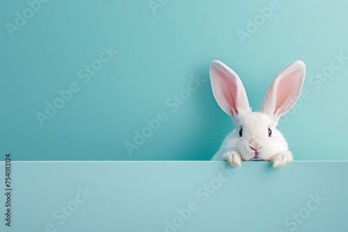 Easter bunny hiding behind a colored wall. Happy easter design banner