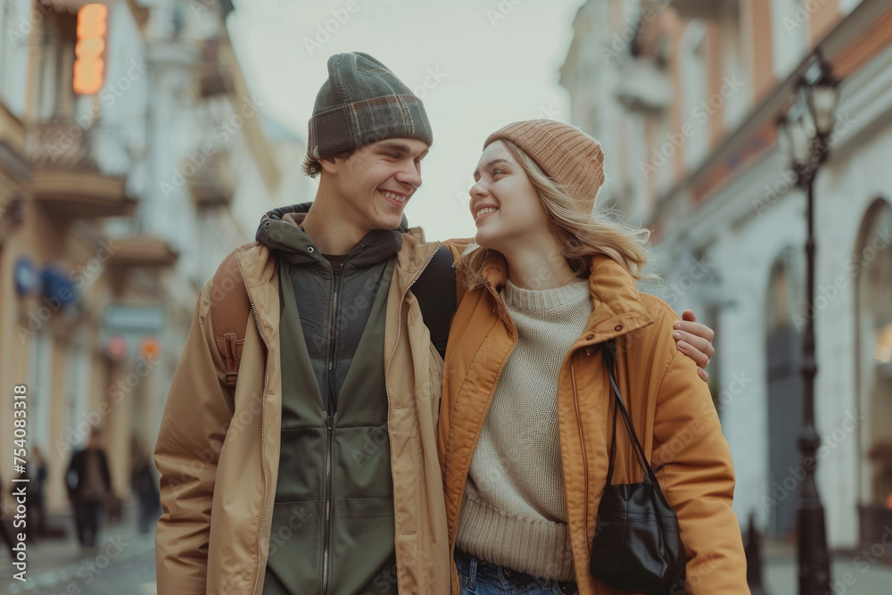 Beautiful young couple in love walking outdoors at the city street