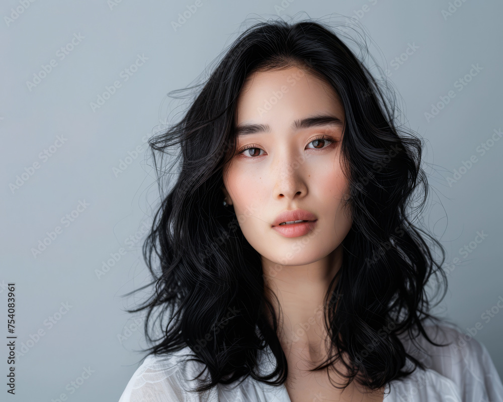 Beauty portrait of a natural young Japanese woman with a soft grey copy space background Beauty portrait of a natural young Japanese woman with a soft grey copy space background