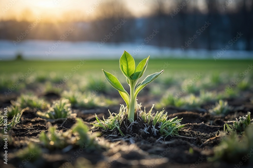 a small plant that is growing out of the ground, sprouting, spring winter nature melted snow, the source of future growth, organic growth.  - obrazy, fototapety, plakaty 