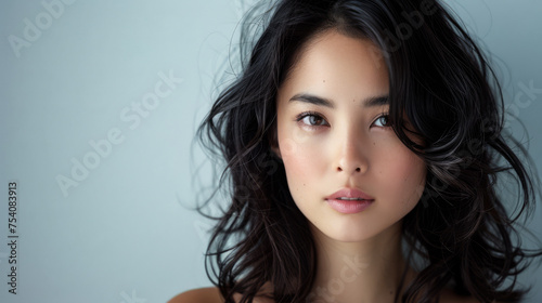 Beauty portrait of a natural young Japanese woman with a soft grey copy space background