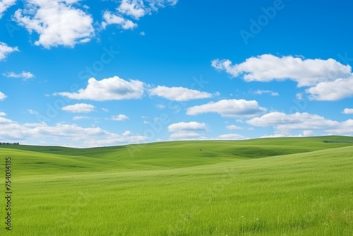 Beautiful grassy fields and summer blue sky with fluffy white clouds in the wind. Wide format © xadartstudio