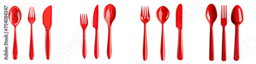 Red plastic spoon knife and fork  Hyperrealistic Highly Detailed Isolated On Transparent Background Png File