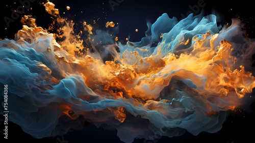 Sapphire blue and molten gold liquids erupting in a chaotic dance, capturing the essence of explosive energy in a high-definition visual spectacle