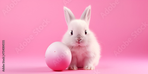 Cute pink bunny sitting on a vibrant pink background a bunny chewing on a bubble of candy.AI Generative photo