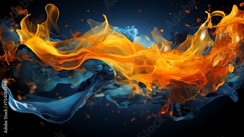 Sapphire blue and molten gold liquids erupting in a chaotic dance, capturing the essence of explosive energy in a high-definition visual spectacle