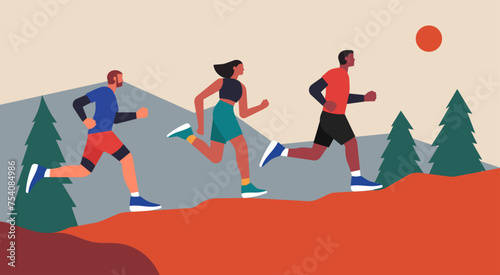 Men and Women Running on the Mountain Path, Extreme Sport and Outdoor Activity Concept, Vector Flat Illustration Design