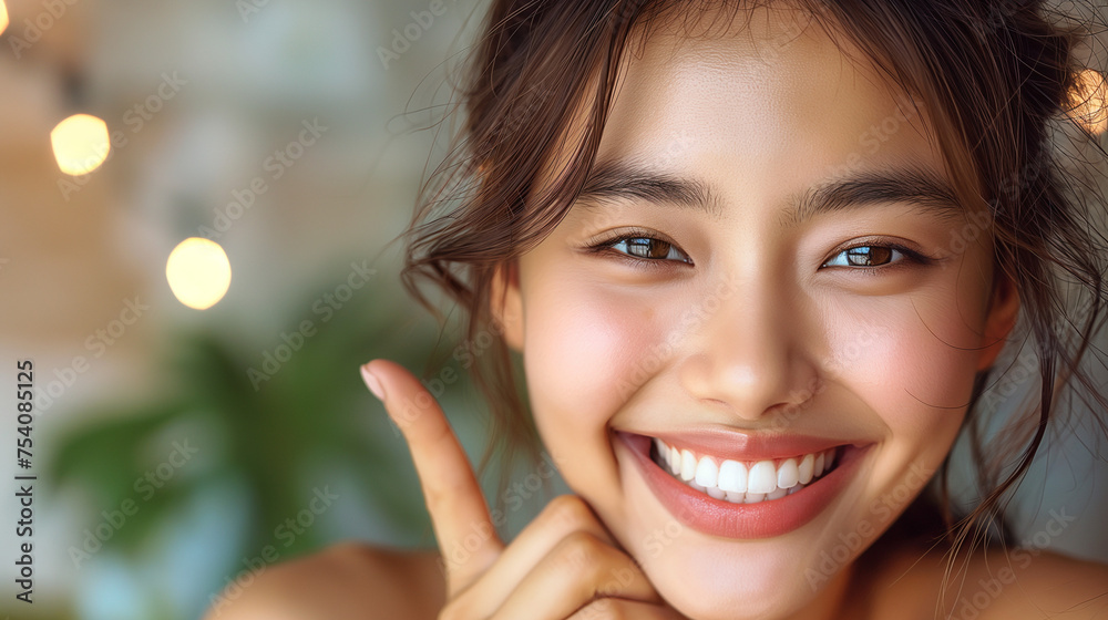 笑顔で指さしをする女性 笑顔で指さしをする女性