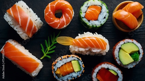 Sushi Rolls and Sashimi on a Plate with Fresh Fish and Rice, Japanese Gourmet Meal with Healthy Seafood Options photo