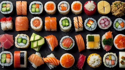 Sushi Rolls and Sashimi on a Plate with Fresh Fish and Rice, Japanese Gourmet Meal with Healthy Seafood Options photo