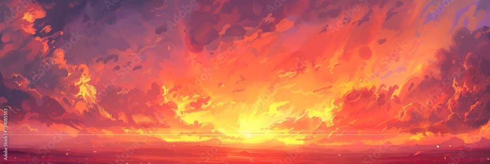 Background Texture Pattern Cel-Shaded Post-Apocalyptic Skies showcasing dramatic skies Blend fiery colors, all defined by thick, comic book-style outlines created with Generative AI Technology - obrazy, fototapety, plakaty 