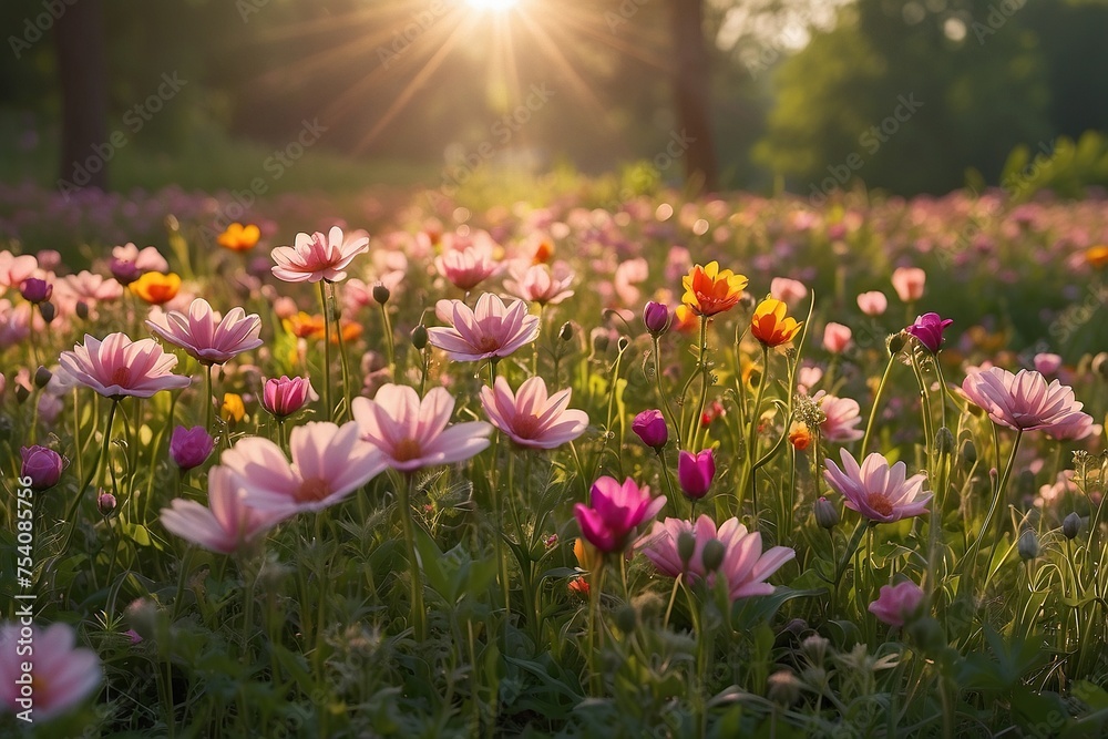 a field of flowers with the sun shining in the background, an aesthetic field of flowers, spring season. 