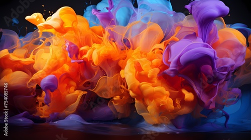 Radiant violet and sunlit orange liquids colliding with explosive force, producing a mesmerizing abstract display that ignites the senses
