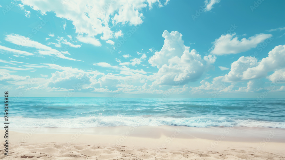 Beautiful tropical beach with blue sky and abstract texture background of white clouds. Summer vacation and vacation business travel concept. Copy space